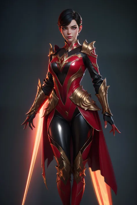 solo, super fine photo, portrait digital art Unreal Engine 5 8K UHD of a girl, concept art, character concept design, wearing red tight shiny suit with metallic details, long black glove, short hair, best quality, masterpiece, super detailed, sharp focus, ...