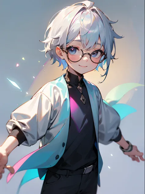 Male child, eye glasses,Cowboy Shots,A smile, silber hair，Daytime，Iridescent background，