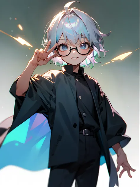 Male child, eye glasses,Cowboy Shots,A smile, silber hair，Daytime，Iridescent background，