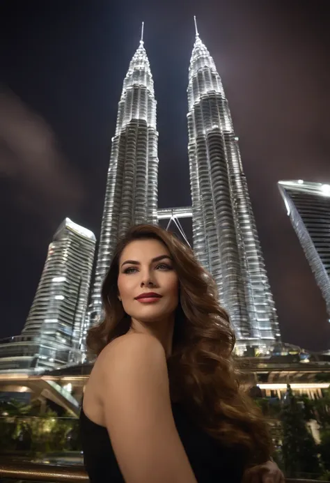 woman brown hair, behind petronas tower, full face