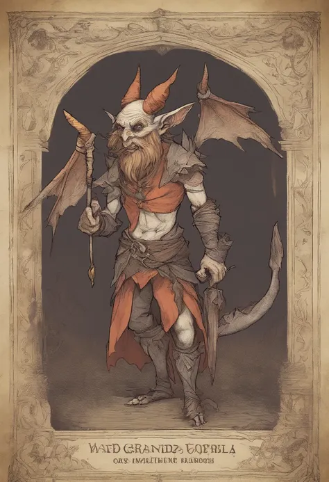 grinning mischievous winged goblin, small body and a long nose, bi-pedal, male and evil, playing tricks or pranks in an abandoned monastery.