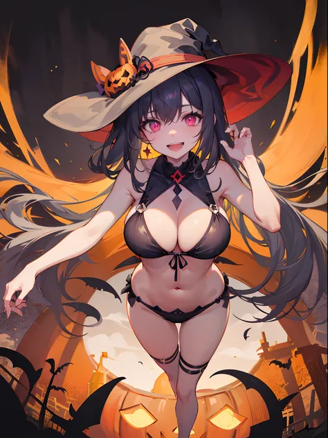 (best quality,highres,masterpiece:1.2),dark halloween themed witch woman,evil sharky big smile,glowing evil eyes,Jack-o-lanterns,scary atmosphere,spooky night