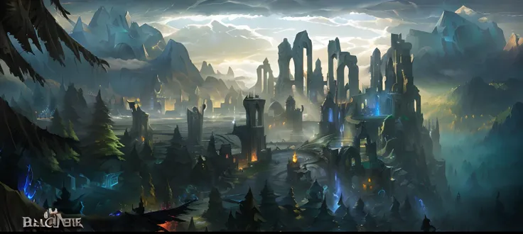 On the hill there is a painting of the city of dreams, League of Legends concept art, Riot game concept art, dota matte painting concept art, dota! matte painting concept art, league of legends arcane, league of legend illustration, matte painting arcane d...