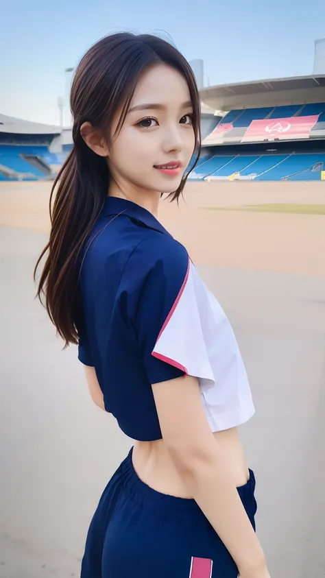 (bestquality,10,10,highres,masterpiece:1.2),ultra-detail,(Realistic,photorealistic portrait,photo-realistic:1.37),1 Cute girl in the football field,oily shiny skin,bara,light smile,BDclothes,((blue shirt:1.3)),short sleeves,shirt, trousers.,(navy_long_Pant...