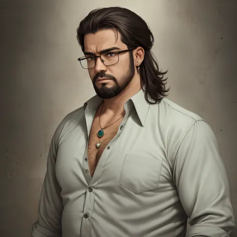 Realistic photo, man 35 years, long beard, short hair, military hair, black eyes, brown skin, earring in ear with pendant, long button-down shirt, fat body, serious face, Arab appearance, glasses