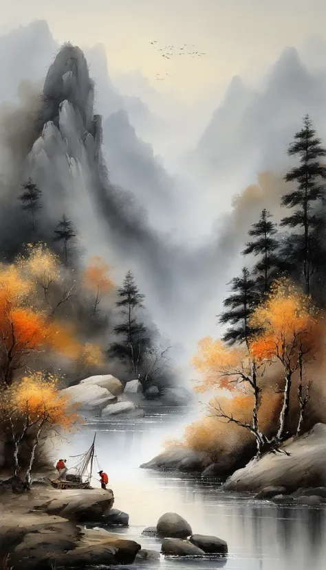 Chinese landscape painting，ink and watercolor painting，water ink，ink，Smudge，Faraway view，Ultra-wide viewing angle，Meticulous，Fishing boat vistas，Meticulous，Smudge，low-saturation，Low contrast，Fishing alone in the cold river snow，snow landscape，Beautifully d...