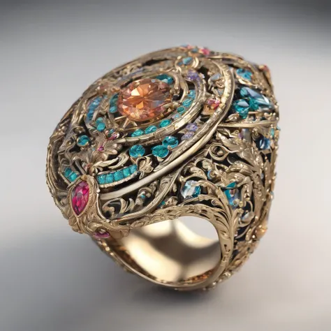 (best quality, highres, ultra-detailed, realistic, vivid colors), metal ring, unique design, intricate pattern, shiny surface, polished finish, fine craftsmanship, reflective qualities, metallic sheen, hammered texture, ornate detailing, antique appearance...