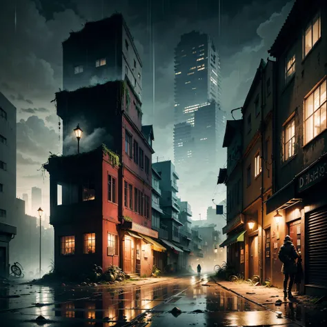 (Armageddon)，dark，Dilapidated city，Plants climbing all over the walls ，Night，raining heavily，Black rain，（Fog，dense fog），Dilapidated streets，Dimly lit alley，（gloomy lighting），relic，(Dilapidated buildings)，(Uninhabited city)