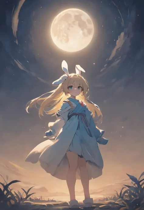 a woman standing in front of a moon with a
rabbit, in the style of northern and southern
dynasties, soft and dreamy atmosphere, 32k
uhd, traditional portraiture, kawacy