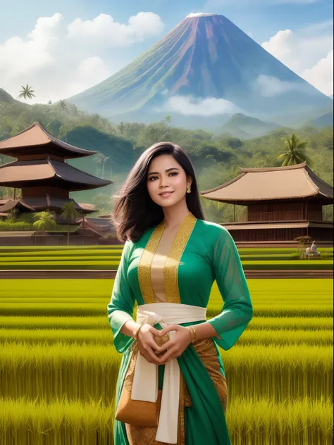 a gorgeous black haired female indonesian west javanese rice farmer wears light green kebaya dress with a happy face and light l...