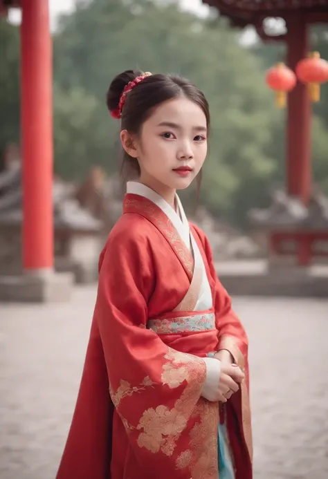 Cute little Chinese girl, wearing a Taoist robe, Eyebrows are clear, Fairy wind road bone, Like a fairy who doesnt eat human fireworks, facing at camera, The background is the main hall of the Taoist temple, The space is filled with colorful glows, surreal...