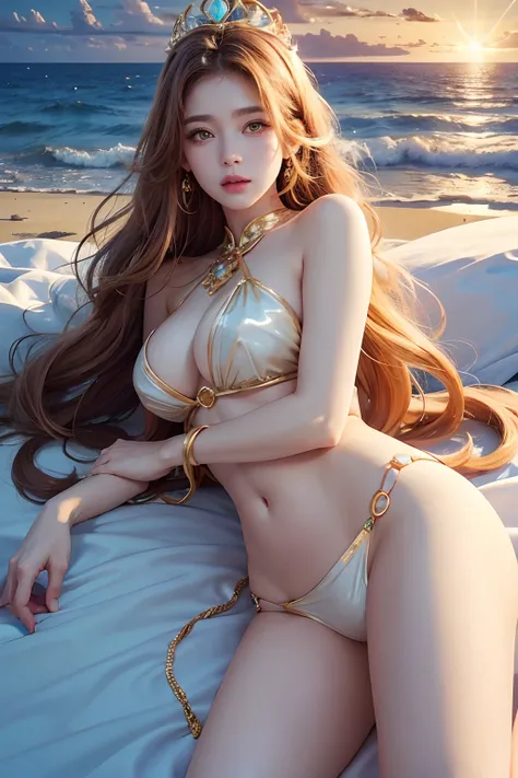 Sexy goddess，best qualityer，Snow-whiteskin，8K high quality，Sexy goddess，A pair of big eyes are beautiful and moving，Golden crown，White skin，putting makeup on，Red long-haired，Volt perspective，curlies，Sexy outfit，Volt view，Look up，gold；jewely，Fly in outer sp...