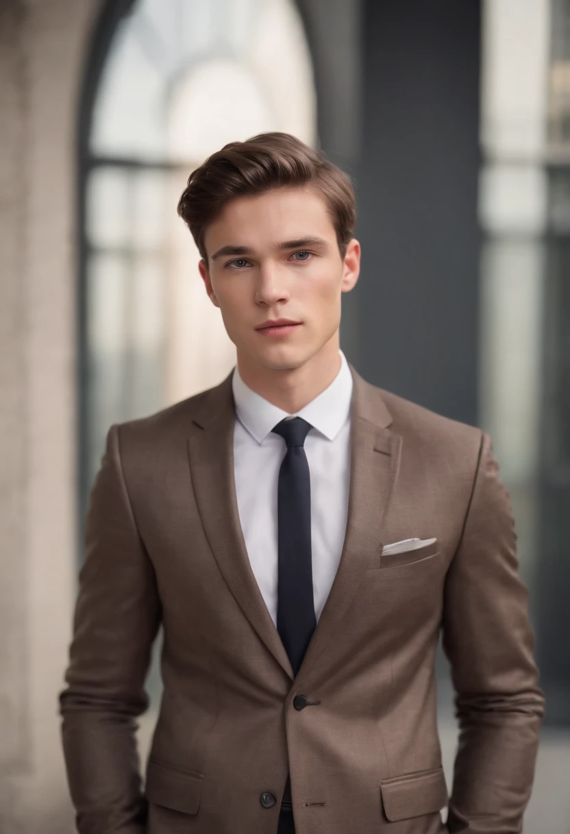 attractive 20 year old athletic man with short brown hair in Hugo boss business suit, full body straight shot