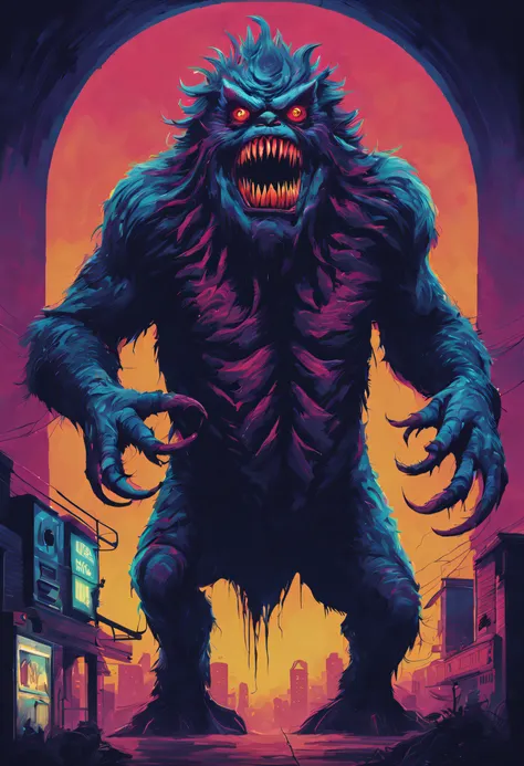 Generate a visually captivating and nostalgia-inducing image of a monster straight out of an 80s creature feature film. The monster should embody the classic design elements of that era, with a perfect blend of terrifying and campy aesthetics. Its appearan...