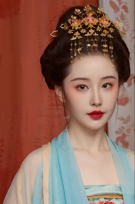 zanhua, Best quality, Masterpiece, 1 girl,Upper body,single hair bun,Blonde hairpins on the head, Wearing Hanfu, finely detailled, very detailed eyes and faces