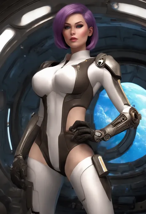 (Full body photo:2), (One/woman/Mechanic:1.8), (Extremely large breasts:1.8), (Full mechanical body:2), (With bionic armor:1.5), White with black gears, (She sees outer space inside a spaceship near the window:1.5), (She has short purple straight hair:1.2)...