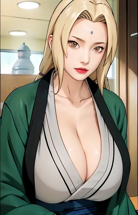 (huge tits), cleavage, good anatomy, masterpiece, best quality, 4k, 8k, professional photography, soft light, sharp focus, 1 girl,  blonde hair, kimono, (mountai), clouds, blonde hair, parted banks, detailed face+brown eyes, smile, closed lips, lipstick, b...