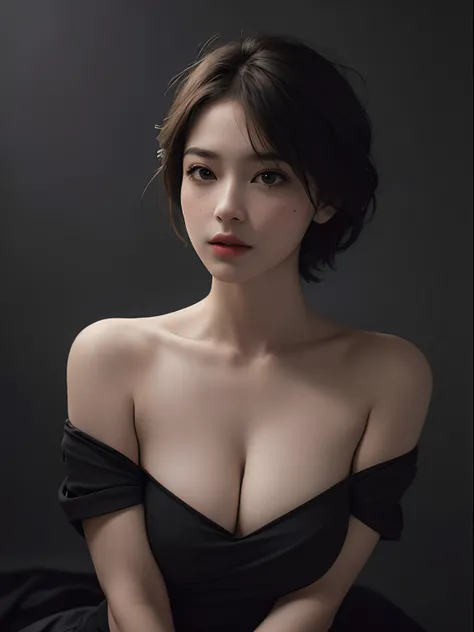 Best quality, masterpiece, ultra high res, (photorealistic:1.5), raw photo, 1girl, offshoulder, in the dark, deep shadow, low key, cold light, sexy look, short hair