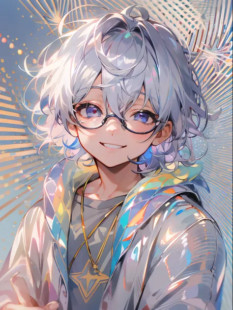 (Male child, eye glasses,A smile, silber hair),Iridescent background