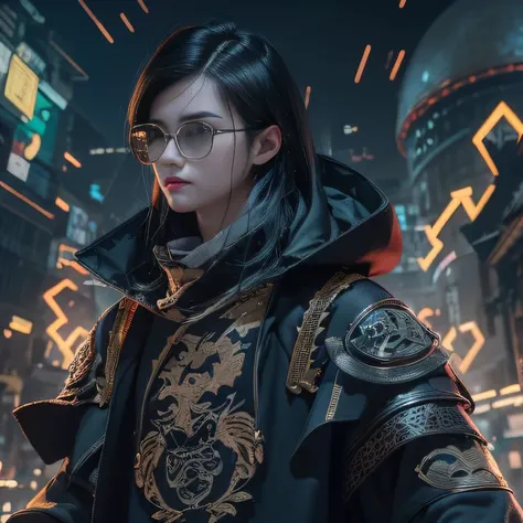 (masterpiece, best quality), 1girll, black hair, glasses, cyberpunk, solo, waist-high, sexy appearance，trailer poster effect（exp...