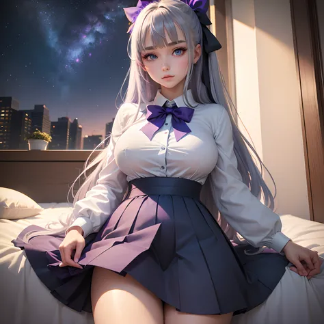 Best Quality, masutepiece,, Illustration, Wallpaper,1girl in, Solo, School uniform, White shirt, Black skirt, Bright purple-silver hair, Semi-long hair, Beautiful detailed girl, extremely detailed eye and face, Beautiful detailed eyes, Shy, natural_Lightin...