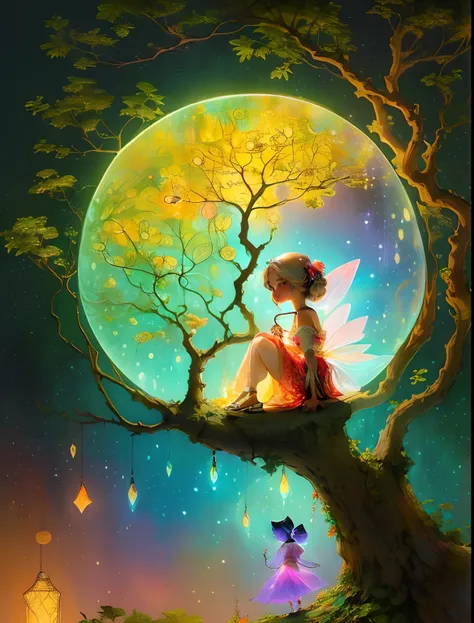 inside of a fairy lantern  creative illustration of silhouette of "A passionate elongated miniature tinker bell (similar to Elodie Guipaud and Celina Ralph) on a branch of an oak tree, dew droplets, illuminated by a single glowing firefly. Fairytale-like a...