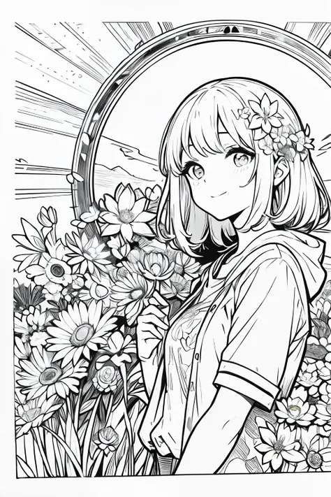 chica anime con flores en el pelo y un rayo de sol, line art!!, hermoso arte lineal, arte oficial de alto detalle, lineart de ti...