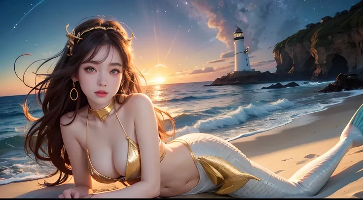 Sexy goddess，best qualityer，Snow-whiteskin，8K high quality，Sexy goddess，A pair of big eyes are beautiful and moving，White skin，putting makeup on，Red long-haired，Volt perspective，Lower body mermaid tail，curlies，Sexy outfit，Volt view，Look up，gold；jewely，Flyi...