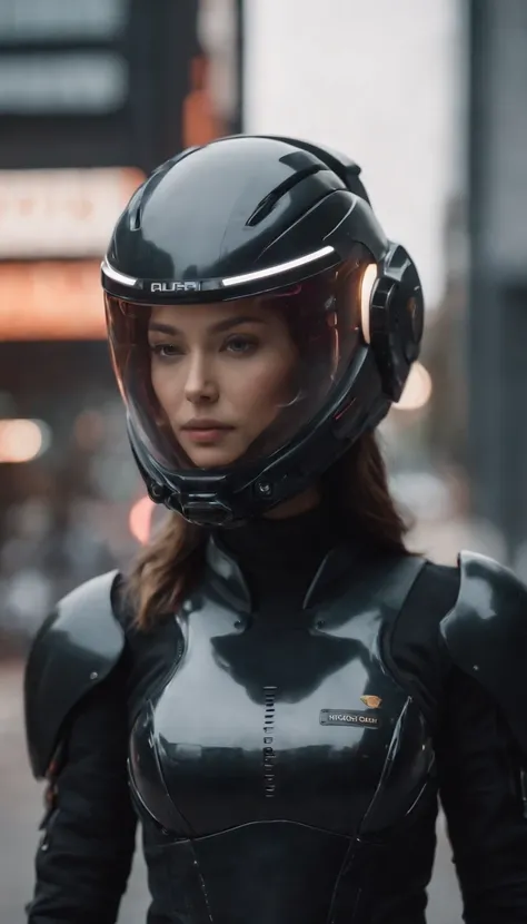 8k portrait of a cyberpunk sci-fi movie helmet with japanese lettering manufacturers name , Vogue armadura militar del futuro, color negro , There are people who wear futuristic helmets and men and women who brought military mechanics into the city., luz n...