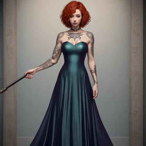 Full-body image of a young beautiful woman with short curly ginger hair, tattoos on her arms, a staff on her back, and a flowy dress