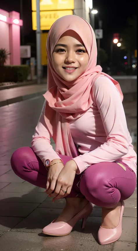 mira filzah squat and laughing, squatting, open both leg, wearing pastel pink jeans and blouse in nighttime city, (mira filzah:1.3), wearing hijab, pastel color hijab, pink , small tits, small breast, flat chest, bright lighting,