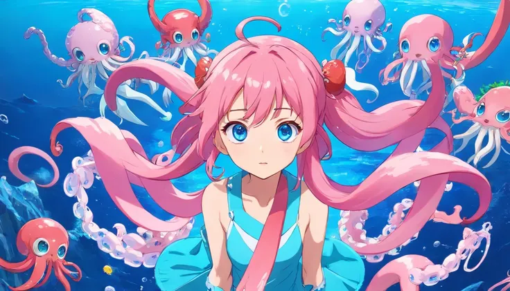 anime girl with pink hair and blue eyes surrounded by blue and white masks, bright background, anime fantasy illustration, humanoid pink female squid girl, anime monster girl, splash art anime loli, anime illustration, jellyfish shrine maiden, anime artwor...