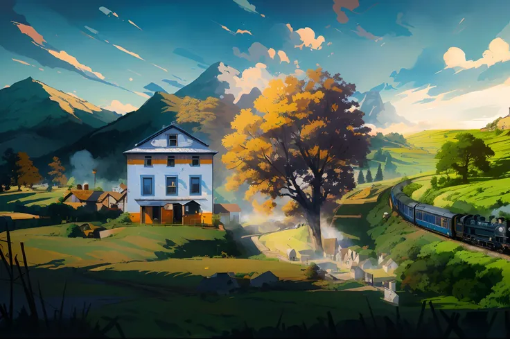 painting of a train traveling through a rural countryside with a house, inspired by Carl Spitzweg, 4 k hd illustrative wallpaper, stylized digital art, painted as a game concept art, 4k detailed digital art, 4k highly detailed digital art, 3840x2160, 3840 ...