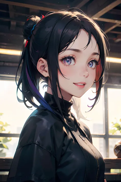 a 20 yo woman、Black blue Hair、poneyTail、Bun hair、Big smile、(hi-top fade:1.3)、dark themed、Muted Tones、Subdued Color、highly contrast、(natural skin textures、Hyper-Realism、Soft light、sharp)