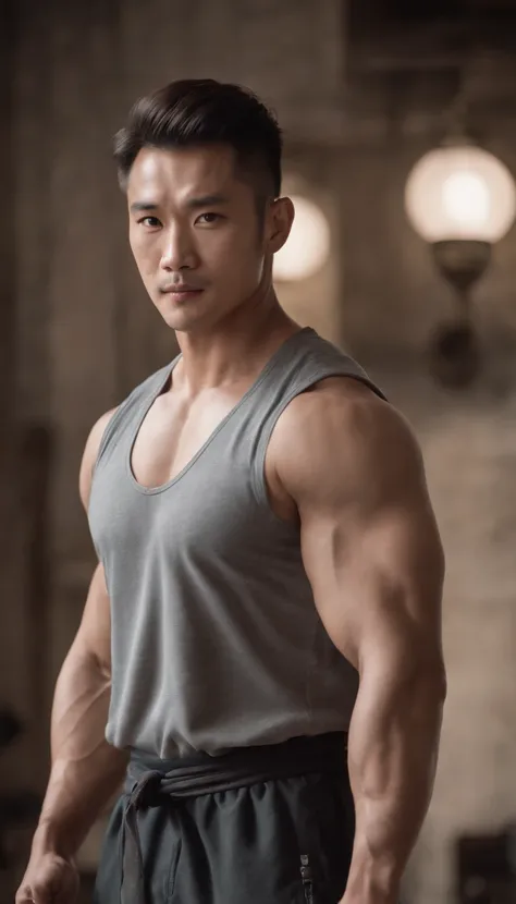 Asia man gymer wearing full vest , big muscle, height 190 cm, big shoulder, big muscle foot, (draww eye detail), (realestic)