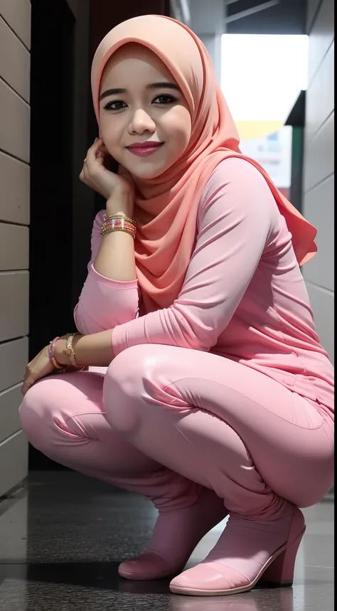 mira filzah squat and laughing, squatting, open both leg, wearing pastel pink jeans and blouse in nighttime city, (mira filzah:1.3), wearing hijab, pastel color hijab, pink , small tits, small breast, flat chest, bright lighting,