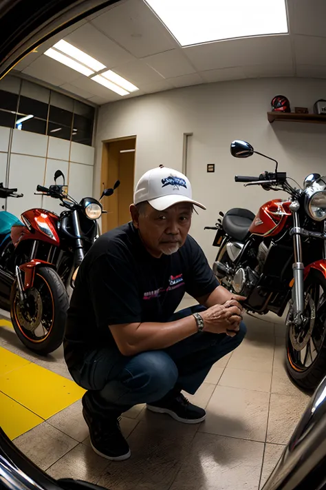 Photorealistic, 8k, cmyk+, dynamic composition, high angle lens, fisheye lens, middle-aged Malay man, squatting, next to an old Honda CD70 motorcycle, at a motorcycle workshop.