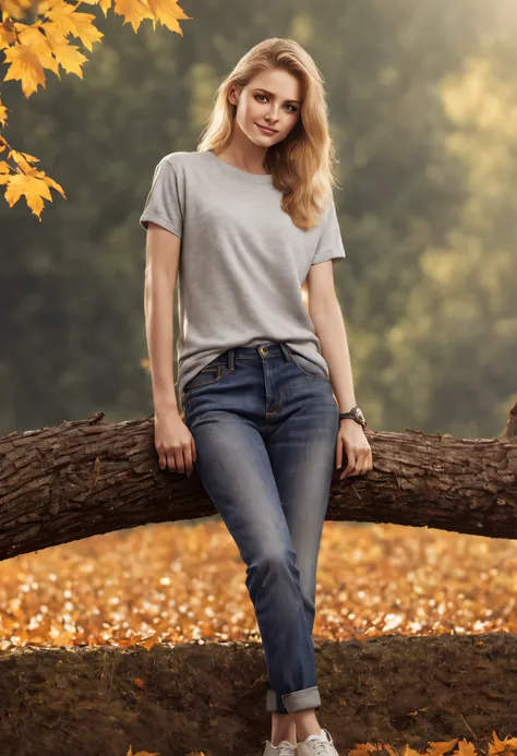 full body portrait of a white european and american woman，1 girl，wear a gray crewneck clean loose t-shirt and blue jeans，no font...