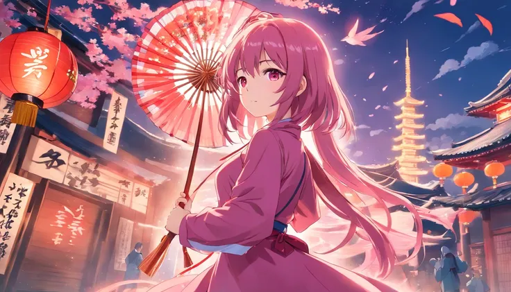 anime girl with (pink purple long hair) and (pink eyes), holding a beautiful (Chinese fan), wearing a (red pink dress), with a (dark green check shirt), wearing a (Japanese shrine mask), (dreamy magical background), surrounded by blue and white Japanese ma...