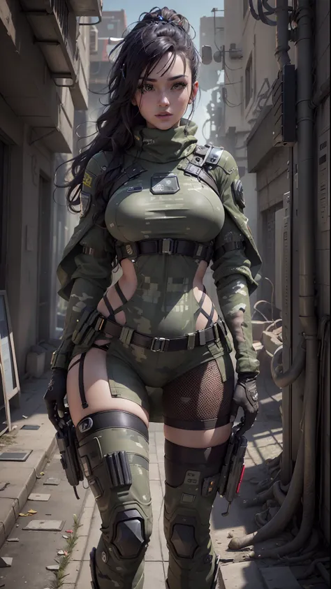 ((Best quality)), ((masterpiece)), (highly detailed:1.3), 3D, beautiful (cyberpunk:1.2) special forces, robort,female with thick voluminous hair wearing (wearing camouflage_uniform:1.1), body armour,cape,digital (camouflage:1.3),HDR (High Dynamic Range),Ra...