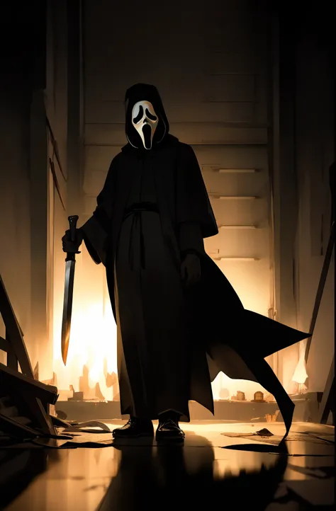 male gface, Night time, background dark alleyway, black robes, scary shadows with white dots acting as eyes, Gface holding kitchen knife, masterpiece, best quality,