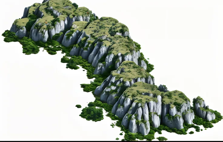 There is a 3D image of a mountain，There are trees on it, detailed trees and cliffs, isometric island in the sky, mountainous terrain, isometric game asset, cliffside, rocky cliff, extremely detailed rocky crag, Floating mountains, mountainous background, B...