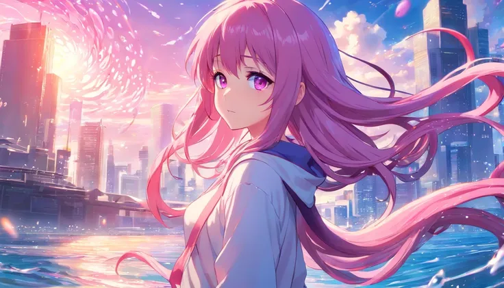 anime girl with (pink purple long hair) and (pink eyes),  (dreamy magical background), anime fantasy illustration, humanoid pink female squid girl, anime monster girl, splash art anime loli, anime illustration, jellyfish shrine maiden, beautiful anime artw...