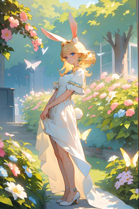 (best quality, masterpiece, ultra-realistic), portrait of 1 beautiful and delicate girl, with a soft and peaceful expression, the background scenery is a garden with flowering bushes and butterflies flying around, rabbit ears, rabbit tail, full body, fashi...