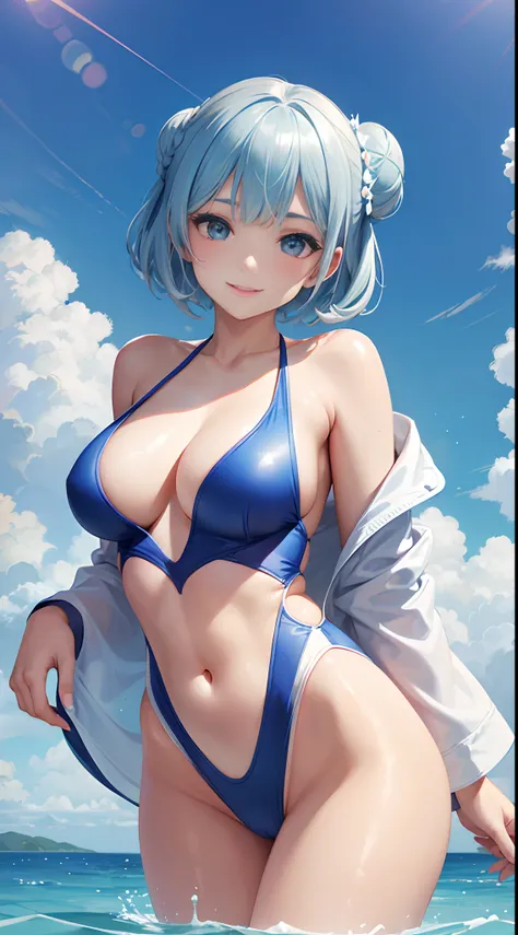 Unparalleled beauty, Lustrous and firm skin, Beautiful and nice girl,kindly smile,ultra-high-cut white one piece swimsuit,blue Shorthair,Bun hair