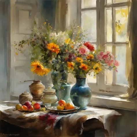 Close-up of a table，There is a vase of flowers on it, delightful surroundings, With French garden, house kitchen on a sunny day, Inside the French village, author：Wise, bright window lit kitchen, Architectural Digest, Home and Garden Magazine, Residence an...