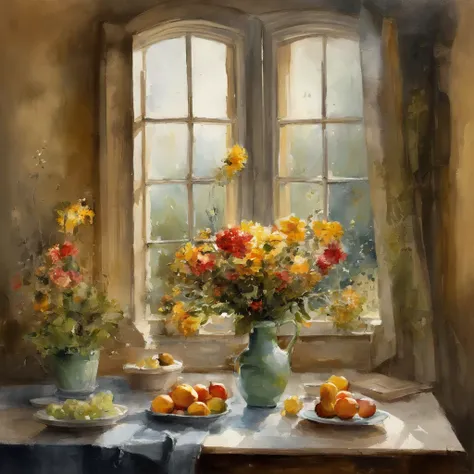 Close-up of a table，There is a vase of flowers on it, delightful surroundings, With French garden, house kitchen on a sunny day, Inside the French village, author：Wise, bright window lit kitchen, Architectural Digest, Home and Garden Magazine, Residence an...