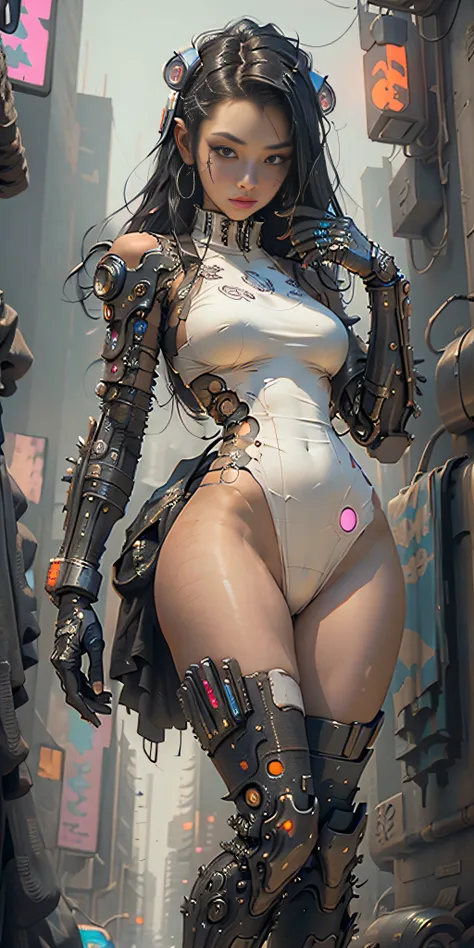 ((Best quality)), ((masterpiece)), (highly detailed:1.3), 3D, woman goddess (cyberpunk:1.3), woman dressed as sexy one-piece maid, long black hair looking at camera, nsfw