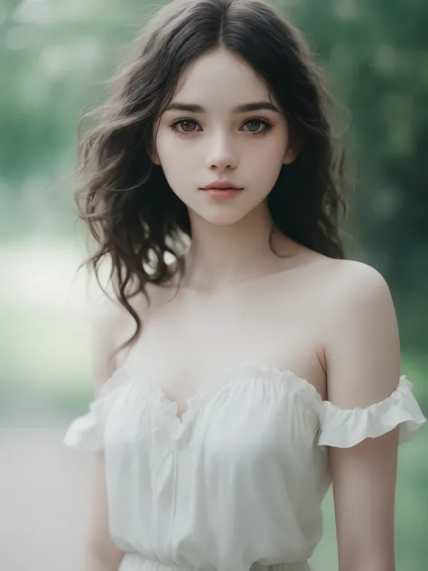 film portrait photography, 1girl, bare shoulders, wavy shoulder-length hair, serene, calm, (realistic detailed eyes, natural skin texture, realistic face details), soft dramatic lighting, depth of field, bokeh, vibrant details, finely detailed, hyperrealis...