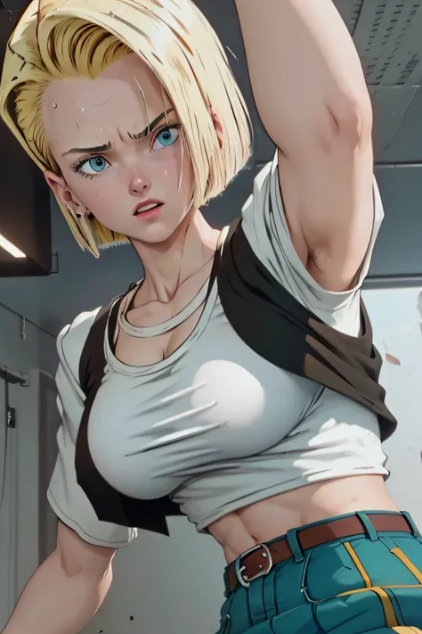 android 18 lifting a car over her head, she's wearing her classic blue skirt and black jacket with striped sleeves. her tiny pin...